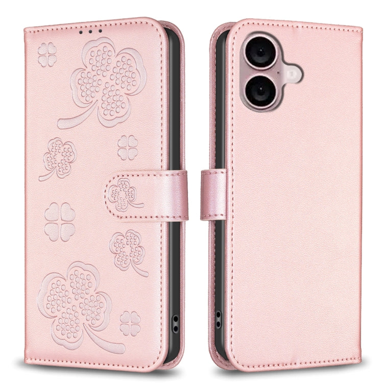 Custodia per telefono in pelle goffrata a quattro foglie, For iPhone 16 Pro Max, For iPhone 16 Pro, For iPhone 16 Plus, For iPhone 16