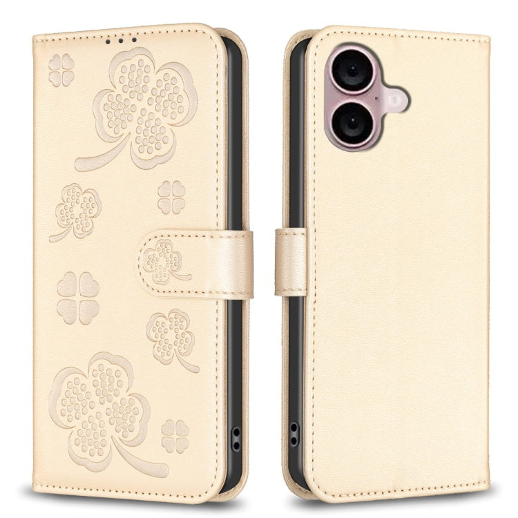 Custodia per telefono in pelle goffrata a quattro foglie, For iPhone 16 Pro Max, For iPhone 16 Pro, For iPhone 16 Plus, For iPhone 16