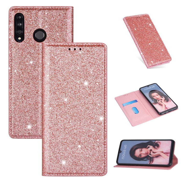 Custodia in pelle flip orizzontale magnetica ultrasottile con glitter per Huawei