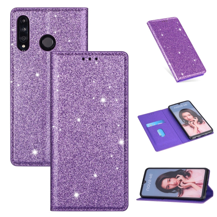 Custodia in pelle flip orizzontale magnetica ultrasottile con glitter per Huawei