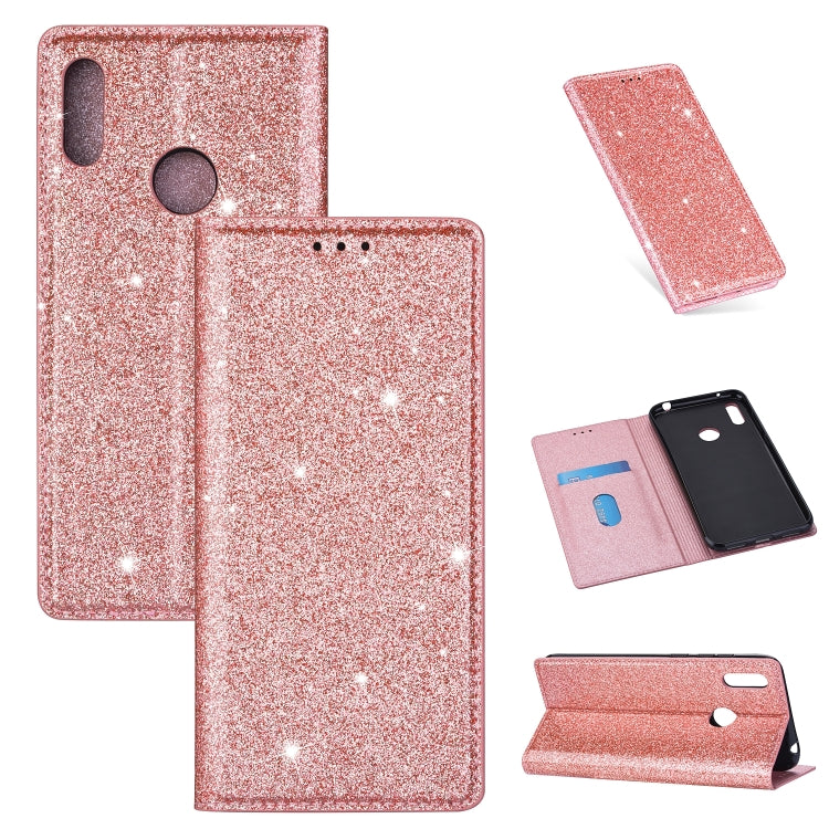 Custodia in pelle flip orizzontale magnetica ultrasottile con glitter per Huawei