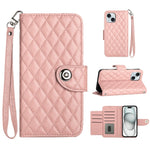 Custodia per cellulare in pelle con texture rombica con cordino, For iPhone 15, For iPhone 14 Plus, For iPhone 14, For iPhone 14 Pro