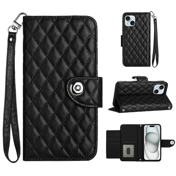 Custodia per cellulare in pelle con texture rombica con cordino, For iPhone 15, For iPhone 14 Plus, For iPhone 14, For iPhone 14 Pro