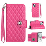 Custodia per cellulare in pelle con texture rombica con cordino, For iPhone 15, For iPhone 14 Plus, For iPhone 14, For iPhone 14 Pro