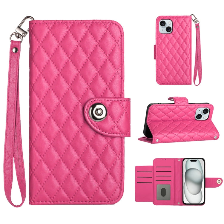 Custodia per cellulare in pelle con texture rombica con cordino, For iPhone 15, For iPhone 14 Plus, For iPhone 14, For iPhone 14 Pro