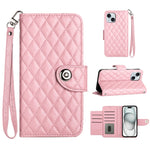 Custodia per cellulare in pelle con texture rombica con cordino, For iPhone 15, For iPhone 14 Plus, For iPhone 14, For iPhone 14 Pro
