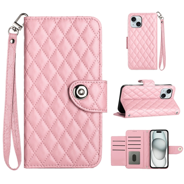 Custodia per cellulare in pelle con texture rombica con cordino, For iPhone 15, For iPhone 14 Plus, For iPhone 14, For iPhone 14 Pro