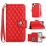 Custodia per cellulare in pelle con texture rombica con cordino, For iPhone 15, For iPhone 14 Plus, For iPhone 14, For iPhone 14 Pro