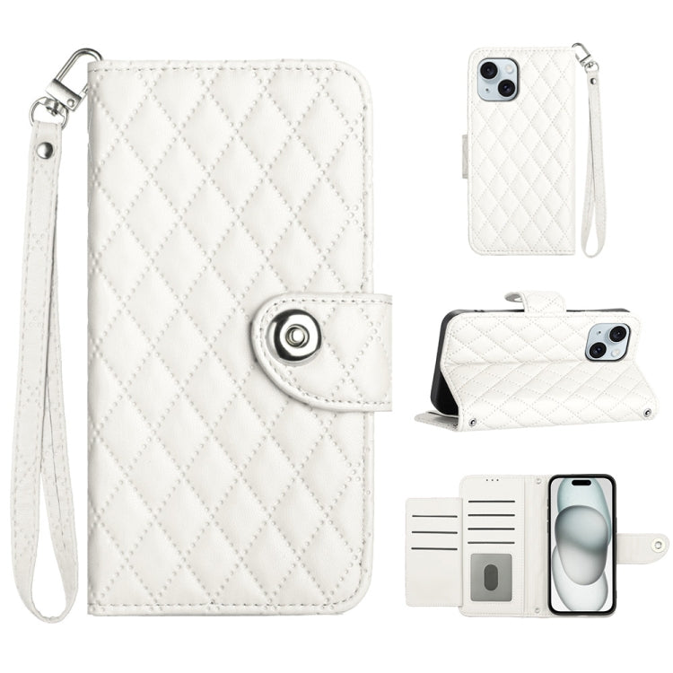 Custodia per cellulare in pelle con texture rombica con cordino, For iPhone 15, For iPhone 14 Plus, For iPhone 14, For iPhone 14 Pro