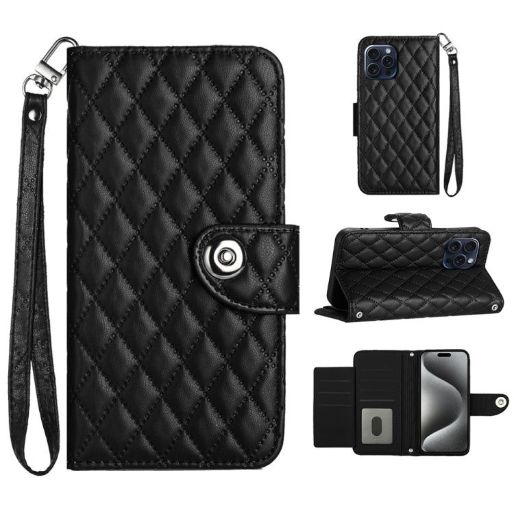 Custodia per cellulare in pelle con texture rombica con cordino, For iPhone 15, For iPhone 14 Plus, For iPhone 14, For iPhone 14 Pro