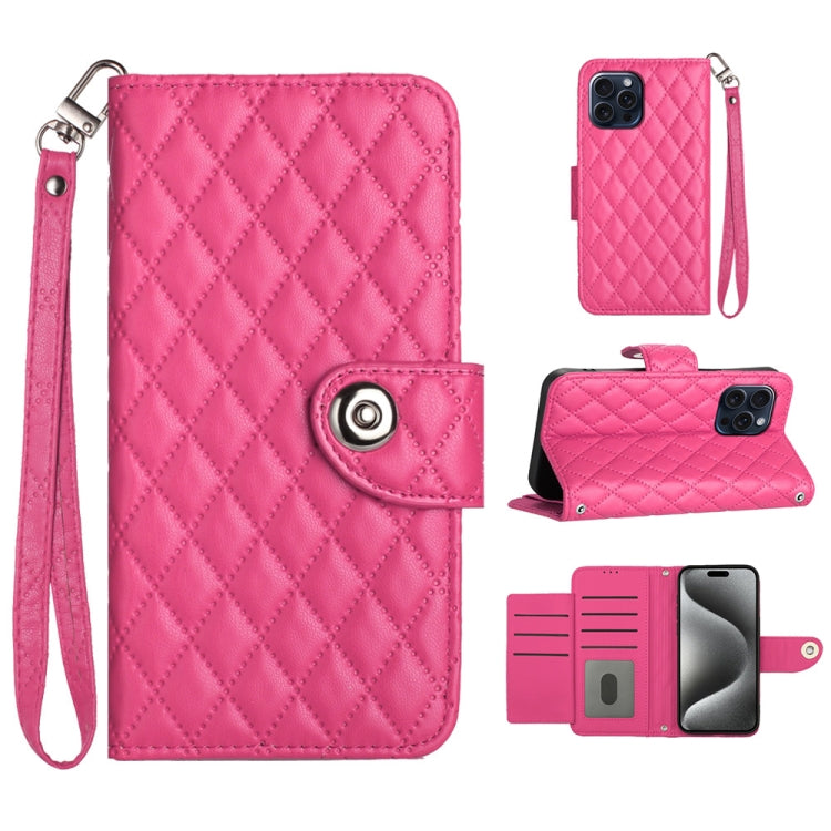 Custodia per cellulare in pelle con texture rombica con cordino, For iPhone 15, For iPhone 14 Plus, For iPhone 14, For iPhone 14 Pro