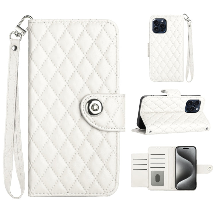 Custodia per cellulare in pelle con texture rombica con cordino, For iPhone 15, For iPhone 14 Plus, For iPhone 14, For iPhone 14 Pro