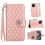 Custodia per cellulare in pelle con texture rombica con cordino, For iPhone 15, For iPhone 14 Plus, For iPhone 14, For iPhone 14 Pro