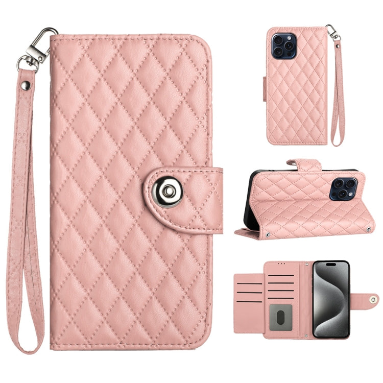 Custodia per cellulare in pelle con texture rombica con cordino, For iPhone 15, For iPhone 14 Plus, For iPhone 14, For iPhone 14 Pro