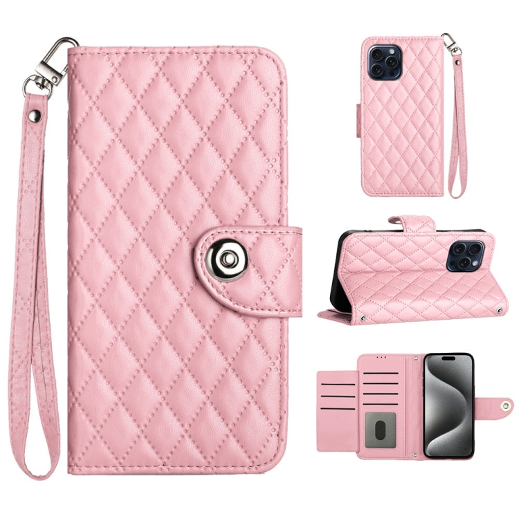 Custodia per cellulare in pelle con texture rombica con cordino, For iPhone 15, For iPhone 14 Plus, For iPhone 14, For iPhone 14 Pro