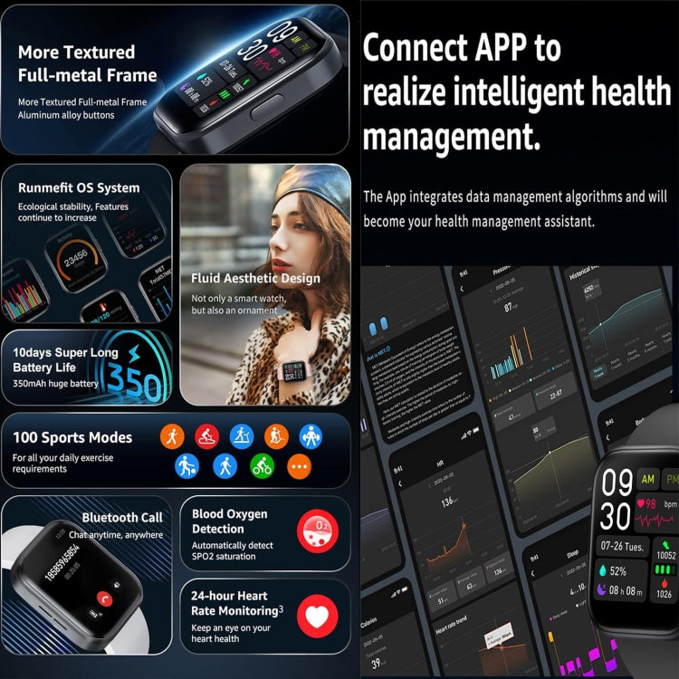 Smartwatch fitness GTS4 da 1,69 pollici, chiamata BT / frequenza cardiaca / pressione sanguigna / MET / temperatura corporea