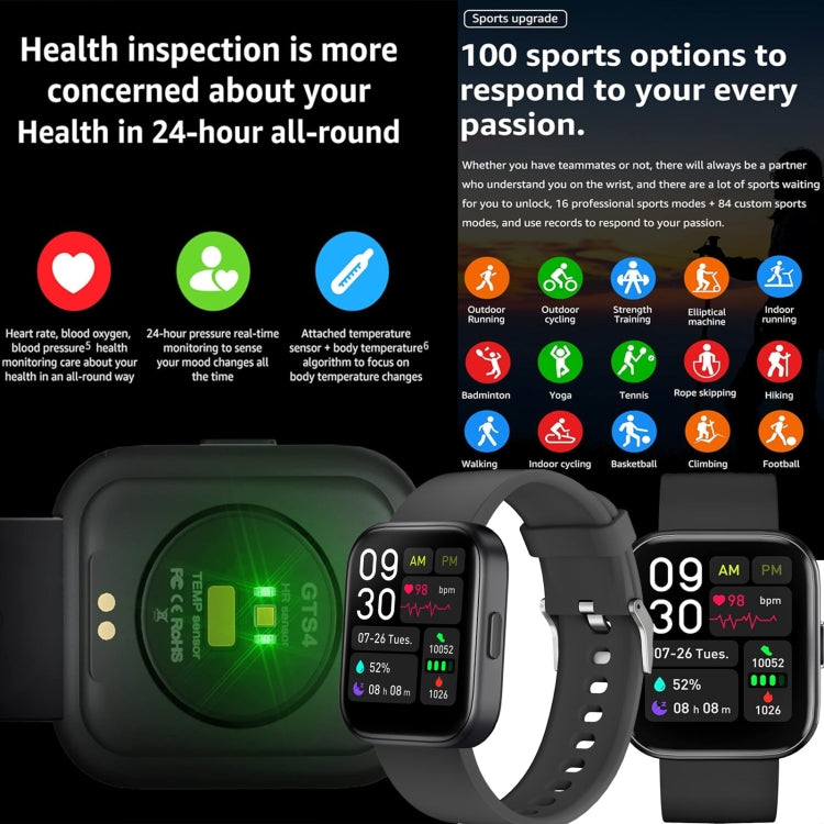 Smartwatch fitness GTS4 da 1,69 pollici, chiamata BT / frequenza cardiaca / pressione sanguigna / MET / temperatura corporea