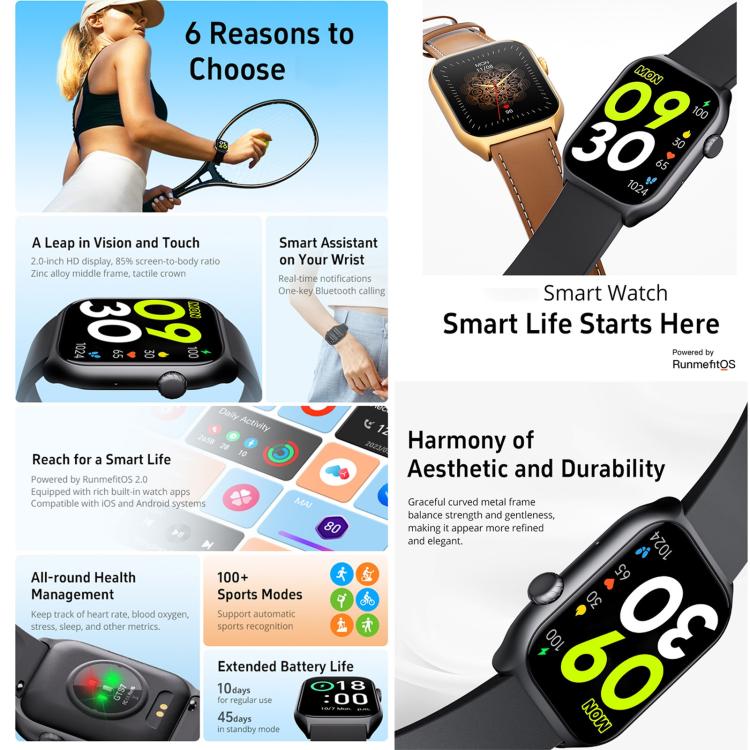 GTS7 2.0 pollici Fitness Health Smart Watch, chiamata BT / frequenza cardiaca / pressione sanguigna / MET