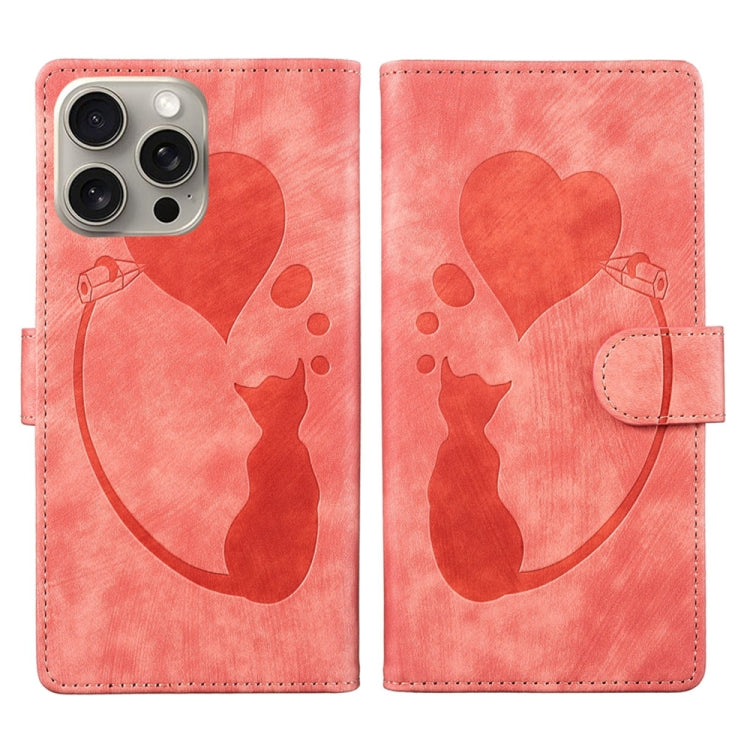 Custodia per telefono in pelle con penna a cuore e gatto in rilievo, For iPhone 15 Pro Max, For iPhone 15 Pro, For iPhone 15 Plus, For iPhone 15