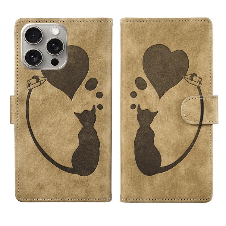 Custodia per telefono in pelle con penna a cuore e gatto in rilievo, For iPhone 15 Pro Max, For iPhone 15 Pro, For iPhone 15 Plus, For iPhone 15