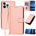 YX0070 Custodia per telefono in pelle con fibbia in fibra di carbonio con cordino, For iPhone 14 Pro, For iPhone 14 Pro Max, For iPhone SE 2022 / SE 2020 / 8 / 7