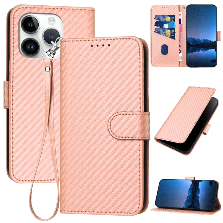 YX0070 Custodia per telefono in pelle con fibbia in fibra di carbonio con cordino, For iPhone 14 Pro, For iPhone 14 Pro Max, For iPhone SE 2022 / SE 2020 / 8 / 7