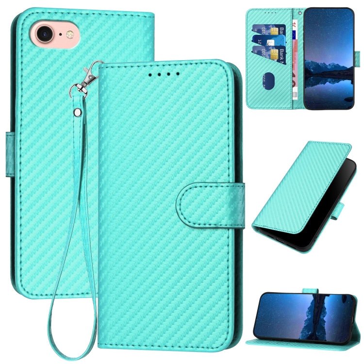 YX0070 Custodia per telefono in pelle con fibbia in fibra di carbonio con cordino, For iPhone 14 Pro, For iPhone 14 Pro Max, For iPhone SE 2022 / SE 2020 / 8 / 7