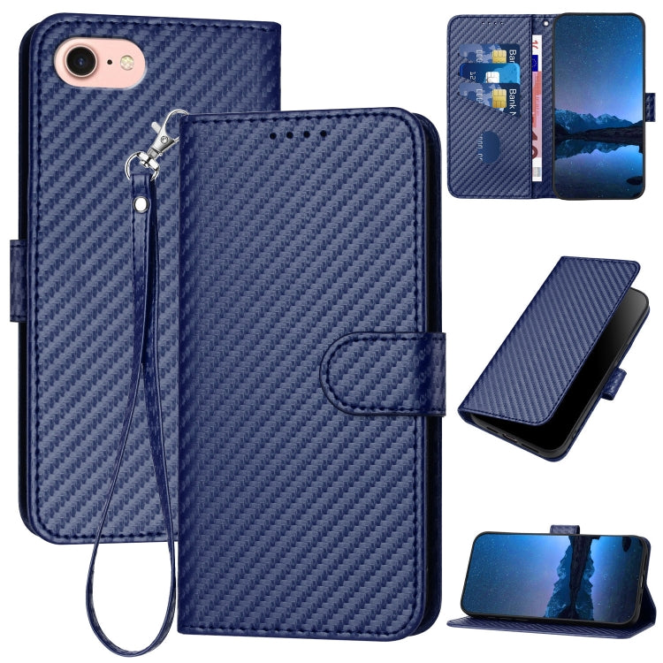 YX0070 Custodia per telefono in pelle con fibbia in fibra di carbonio con cordino, For iPhone 14 Pro, For iPhone 14 Pro Max, For iPhone SE 2022 / SE 2020 / 8 / 7
