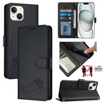 Custodia per telefono in pelle RFID con motivo gatto in rilievo con cordino, For iPhone 15, For iPhone 14 Plus, For iPhone 14/13, For iPhone 14 Pro