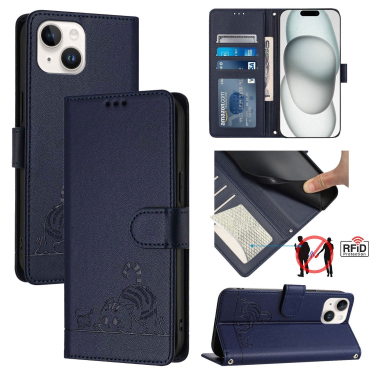 Custodia per telefono in pelle RFID con motivo gatto in rilievo con cordino, For iPhone 15, For iPhone 14 Plus, For iPhone 14/13, For iPhone 14 Pro