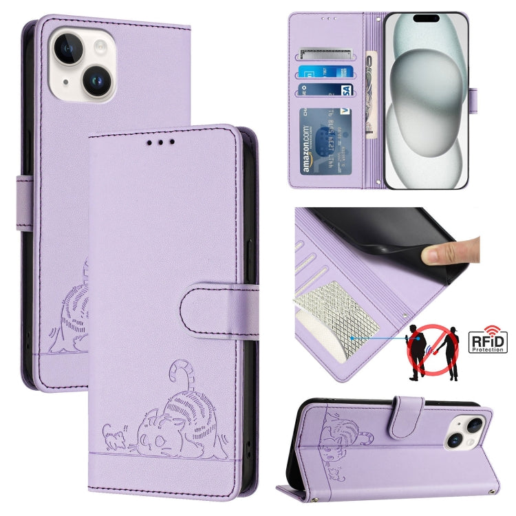 Custodia per telefono in pelle RFID con motivo gatto in rilievo con cordino, For iPhone 15, For iPhone 14 Plus, For iPhone 14/13, For iPhone 14 Pro