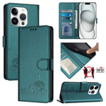 Custodia per telefono in pelle RFID con motivo gatto in rilievo con cordino, For iPhone 15, For iPhone 14 Plus, For iPhone 14/13, For iPhone 14 Pro