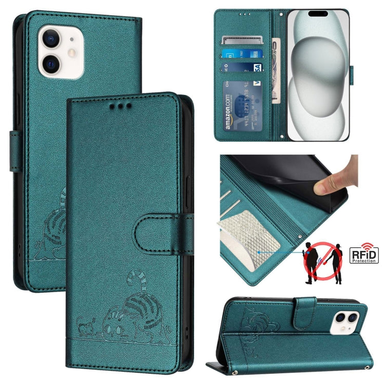 Custodia per telefono in pelle RFID con motivo gatto in rilievo con cordino, For iPhone 13 mini, For iPhone 12/12 Pro, For iPhone 12 Pro Max, For iPhone 12 mini