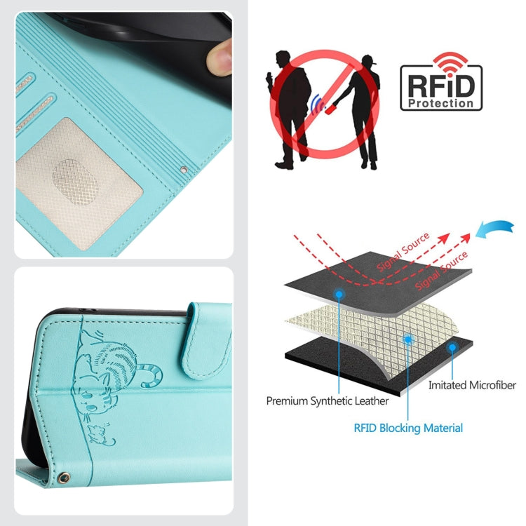 Custodia per telefono in pelle RFID con motivo gatto in rilievo con cordino, For iPhone 11 Pro Max, For iPhone 11, For iPhone 11 Pro, For iPhone XS / X