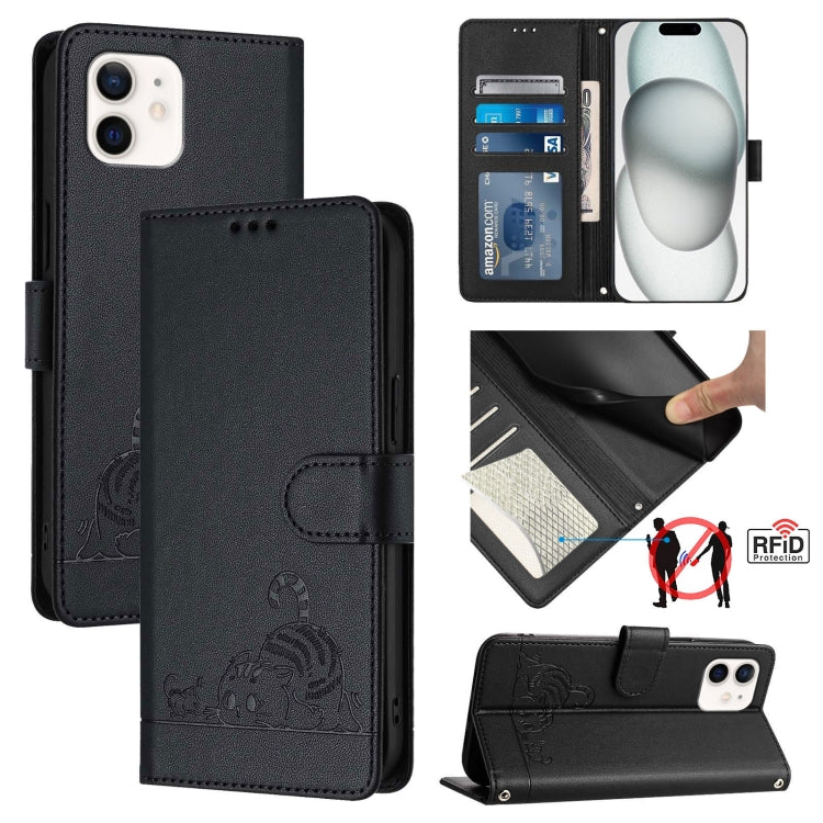 Custodia per telefono in pelle RFID con motivo gatto in rilievo con cordino, For iPhone 11 Pro Max, For iPhone 11, For iPhone 11 Pro, For iPhone XS / X