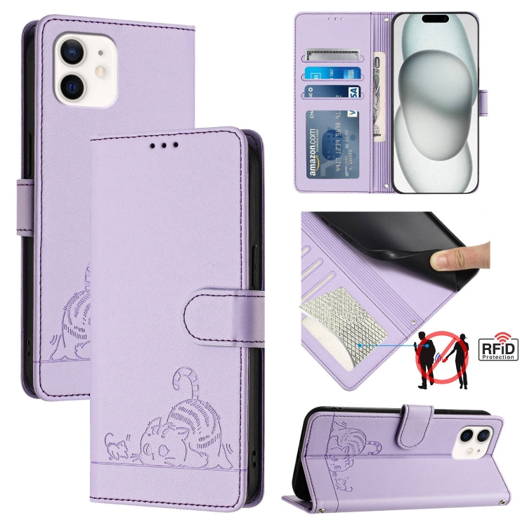 Custodia per telefono in pelle RFID con motivo gatto in rilievo con cordino, For iPhone 11 Pro Max, For iPhone 11, For iPhone 11 Pro, For iPhone XS / X