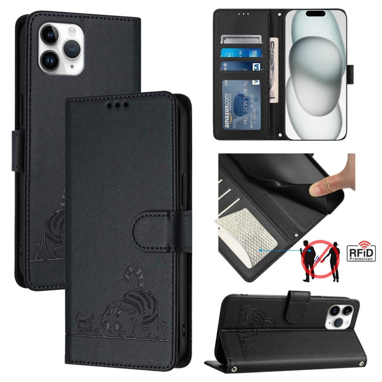 Custodia per telefono in pelle RFID con motivo gatto in rilievo con cordino, For iPhone 11 Pro Max, For iPhone 11, For iPhone 11 Pro, For iPhone XS / X