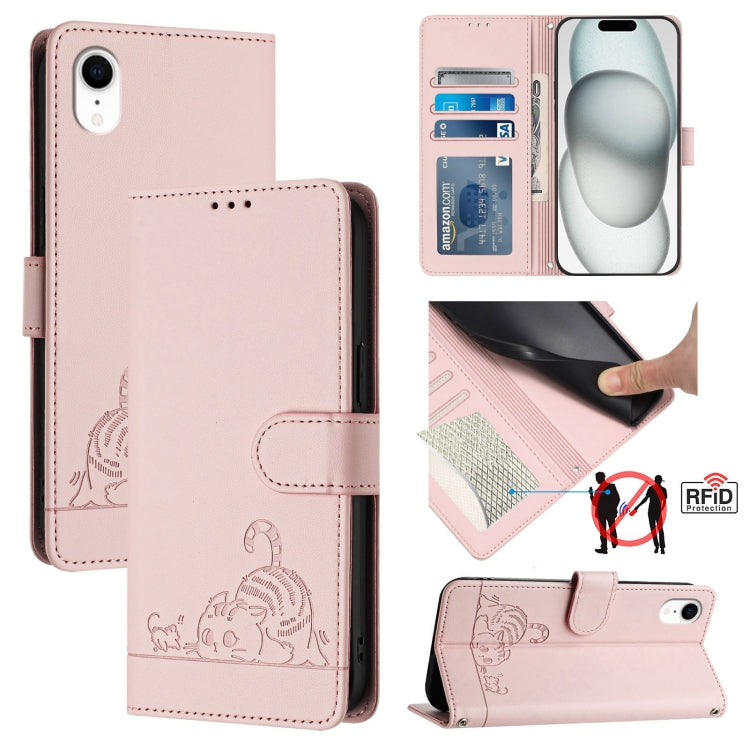 Custodia per telefono in pelle RFID con motivo gatto in rilievo con cordino, For iPhone XR, For iPhone XS Max, For iPhone 8 Plus / 7 Plus