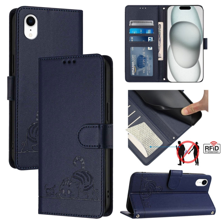 Custodia per telefono in pelle RFID con motivo gatto in rilievo con cordino, For iPhone XR, For iPhone XS Max, For iPhone 8 Plus / 7 Plus