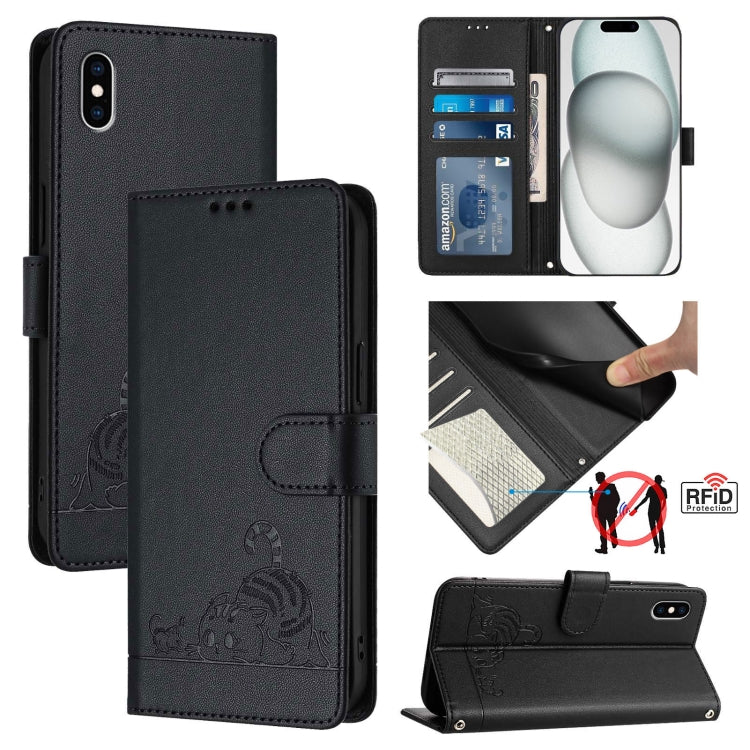 Custodia per telefono in pelle RFID con motivo gatto in rilievo con cordino, For iPhone XR, For iPhone XS Max, For iPhone 8 Plus / 7 Plus