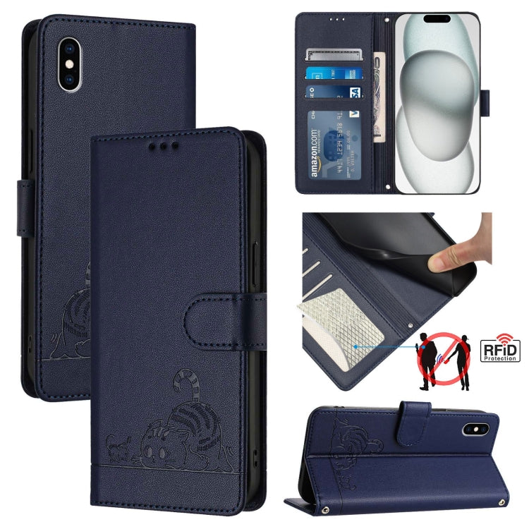 Custodia per telefono in pelle RFID con motivo gatto in rilievo con cordino, For iPhone XR, For iPhone XS Max, For iPhone 8 Plus / 7 Plus