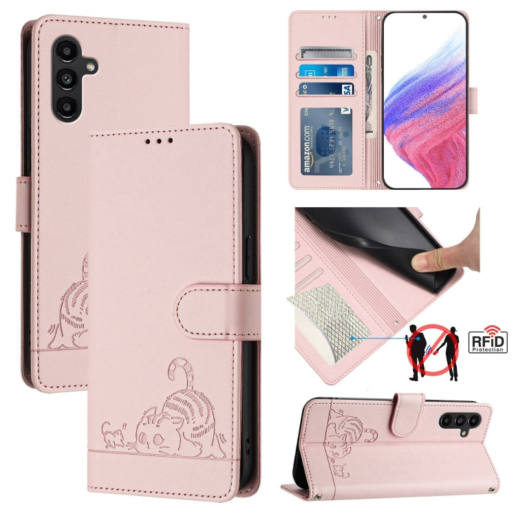 Custodia pelle RFID con motivo gatto per Samsung Galaxy A14 4G/5G