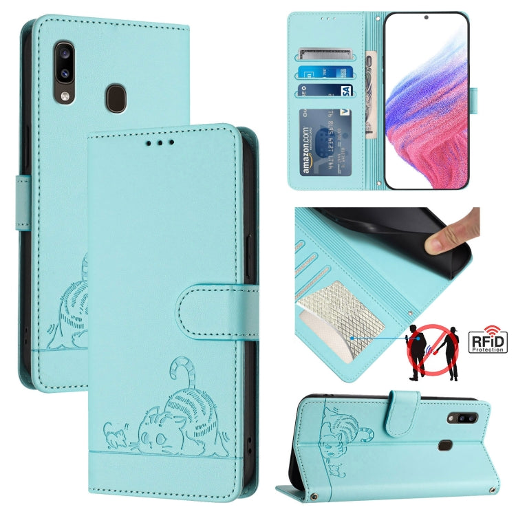 Custodia pelle RFID con motivo gatto per Samsung Galaxy A20 A30 M10s