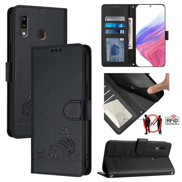 Custodia pelle RFID con motivo gatto per Samsung Galaxy A20 A30 M10s
