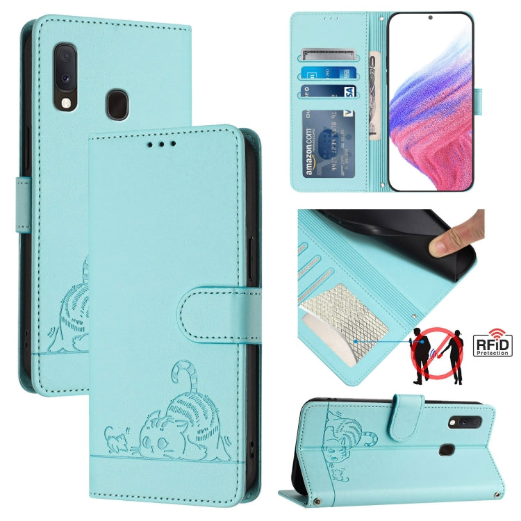Custodia pelle RFID con motivo gatto per Samsung Galaxy A20 A30 M10s