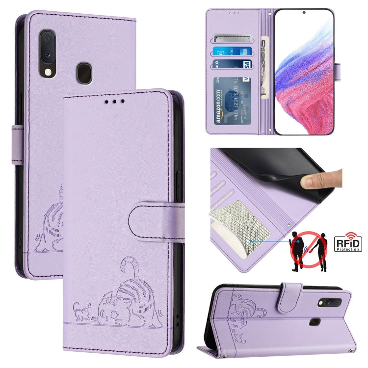 Custodia pelle RFID con motivo gatto per Samsung Galaxy A20 A30 M10s