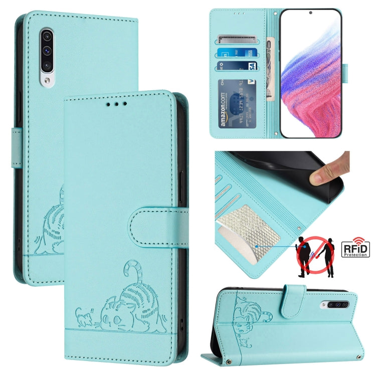 Custodia pelle RFID con motivo gatto per Samsung Galaxy A20 A30 M10s