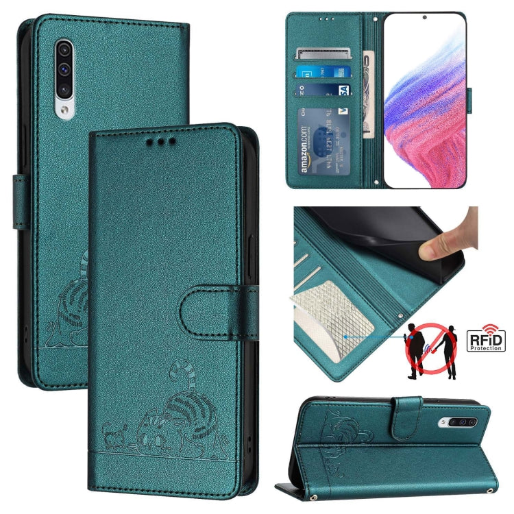 Custodia pelle RFID con motivo gatto per Samsung Galaxy A20 A30 M10s