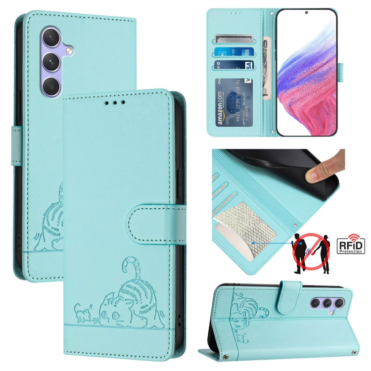 Custodia pelle RFID con motivo gatto per Samsung Galaxy A14 4G/5G