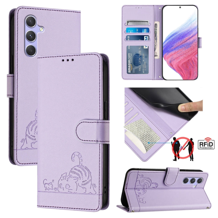 Custodia pelle RFID con motivo gatto per Samsung Galaxy A14 4G/5G